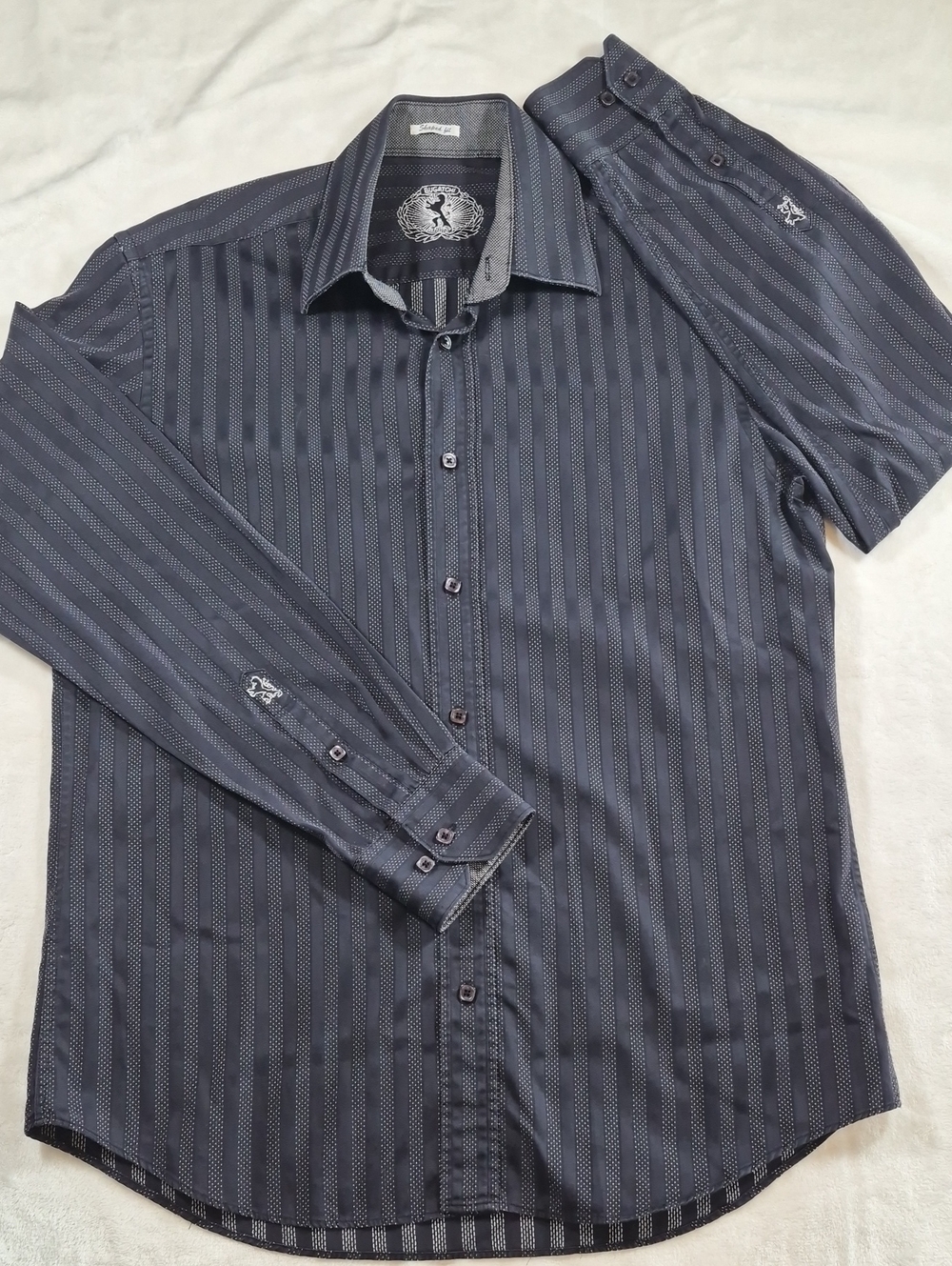 Bugatchi Men's Navy and Charcoal Striped Dress Shirt